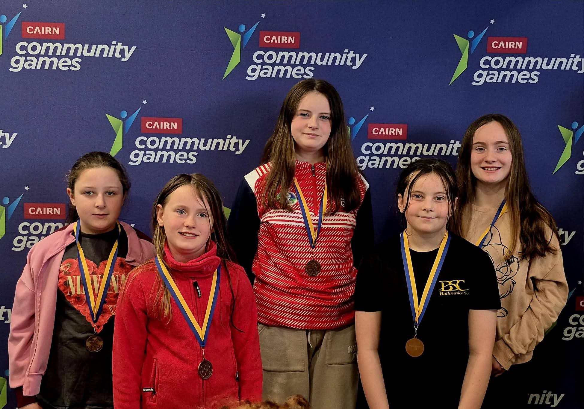 The girls' swimming relay team who competed in the County final for Taughmaconnell. 
