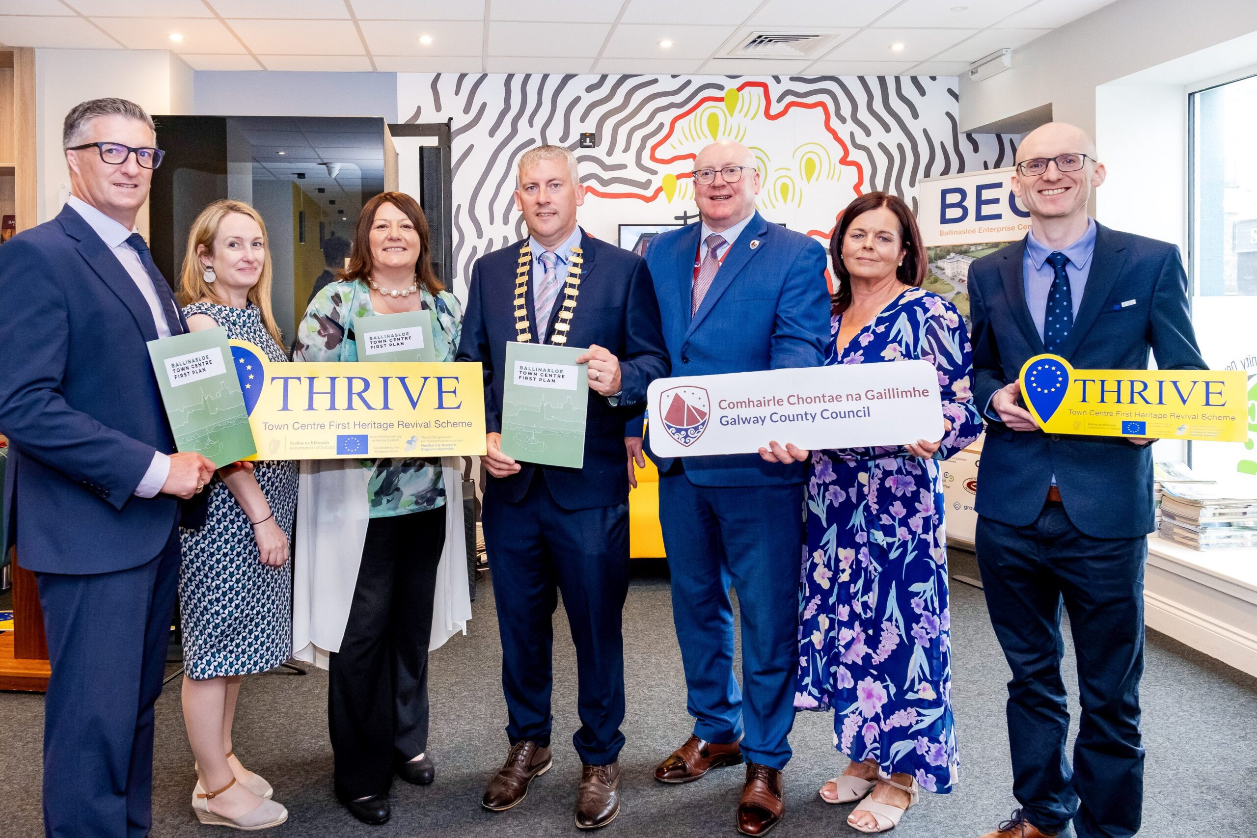 L-R: Director of Services Galway County Council Liam Hanrahan, Town Regeneration Officer Hazel Fox, Yvette Keating North West Regional Assembly, Cllr Andrew Reddington, CEO of Galway County Council Liam Conneally, Martina Flanagan and Patrick Devine, North West Regional Assembly