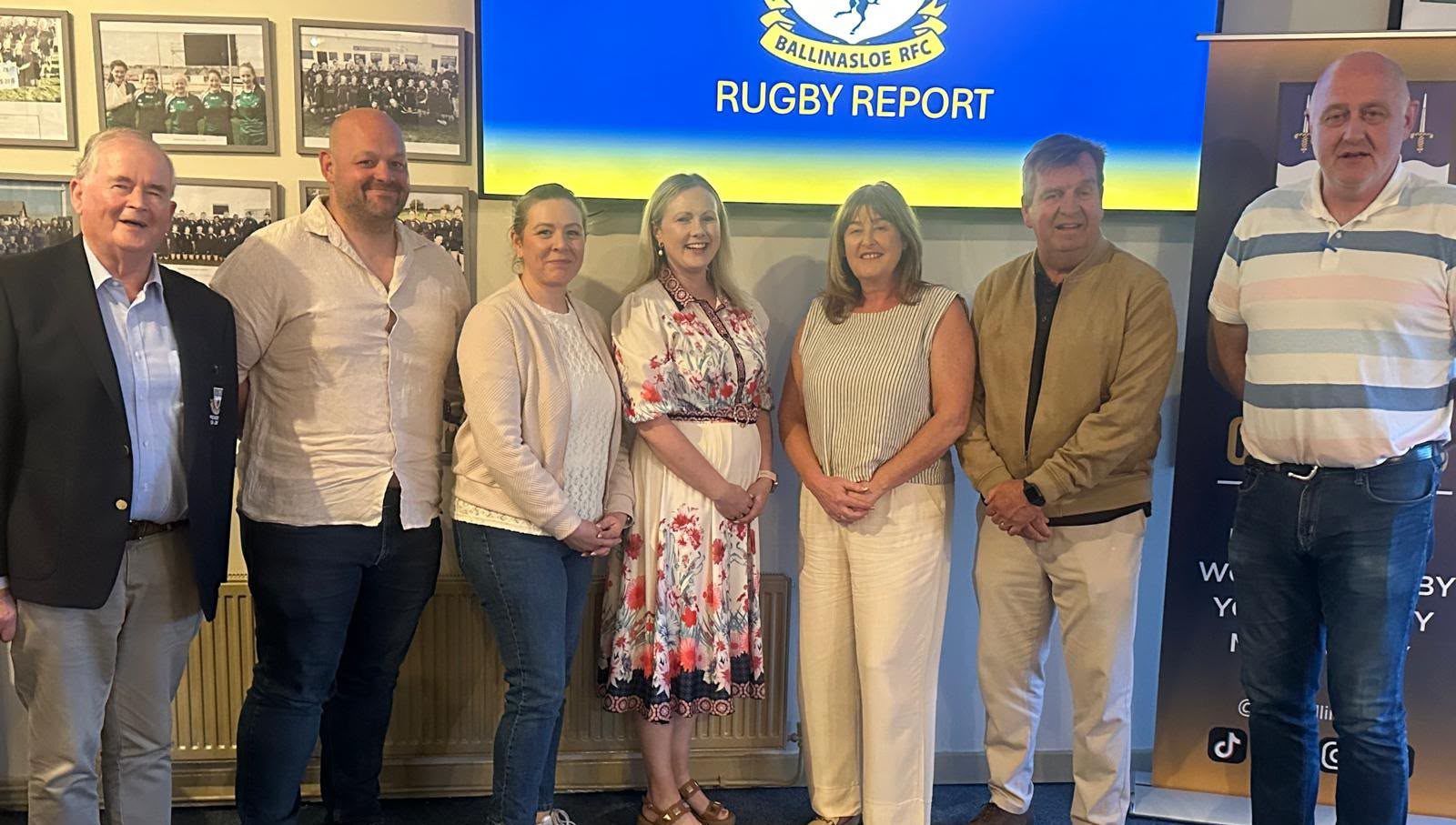 The 2026/27 board of Ballinasloe Rugby Club. L-R: Gerry Kelly, Trustee; Steve Goode, Director of Capital Projects; Claire Quinn, Honorary Secretary; Orla Donlon, Honorary Treasurer; Jacinta Divilly, President; Pearse Keller, Chairperson, and Noel Mannion, Director of Rugby.
