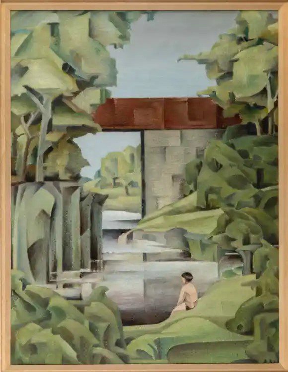 The Red Bridge, a work inspired by the River Suck. It shows a high red bridge over a river valley.