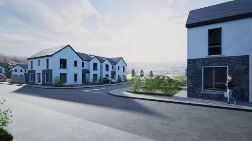 A digital rendering of the Kilgarve housing development, featuring a suburban street with white and stone-accented terraced houses and a person walking on the pavement.